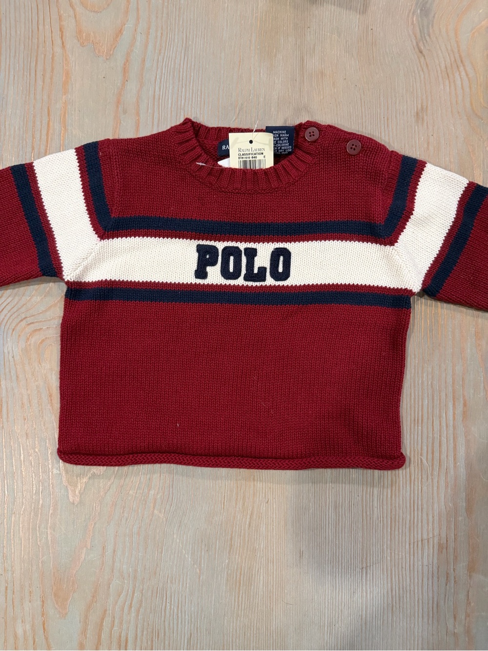 Polo by Ralph Lauren Red Crewneck Sweater with Navy and Cream Stripes - Picture 2 of 5